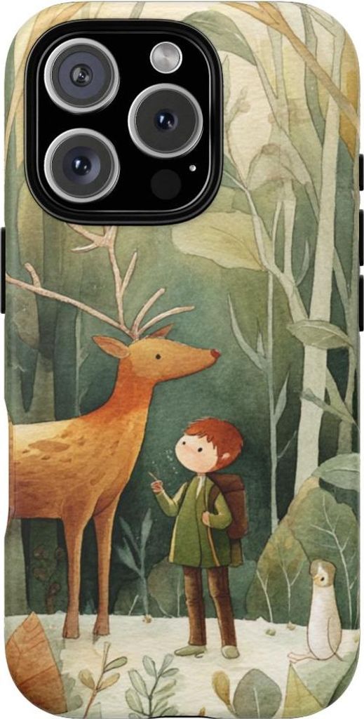 Waldszene mit Kind und Hirsch – Handyhülle Kompatibel mit iPhone 16 Pro