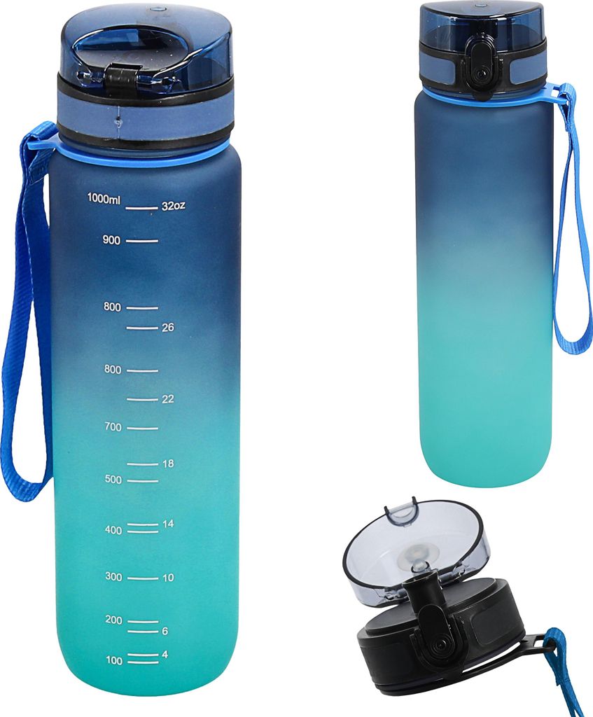 Trinkflasche 1000ml Sport PET PP PE 7,5x28cm grün blau Produktbild 