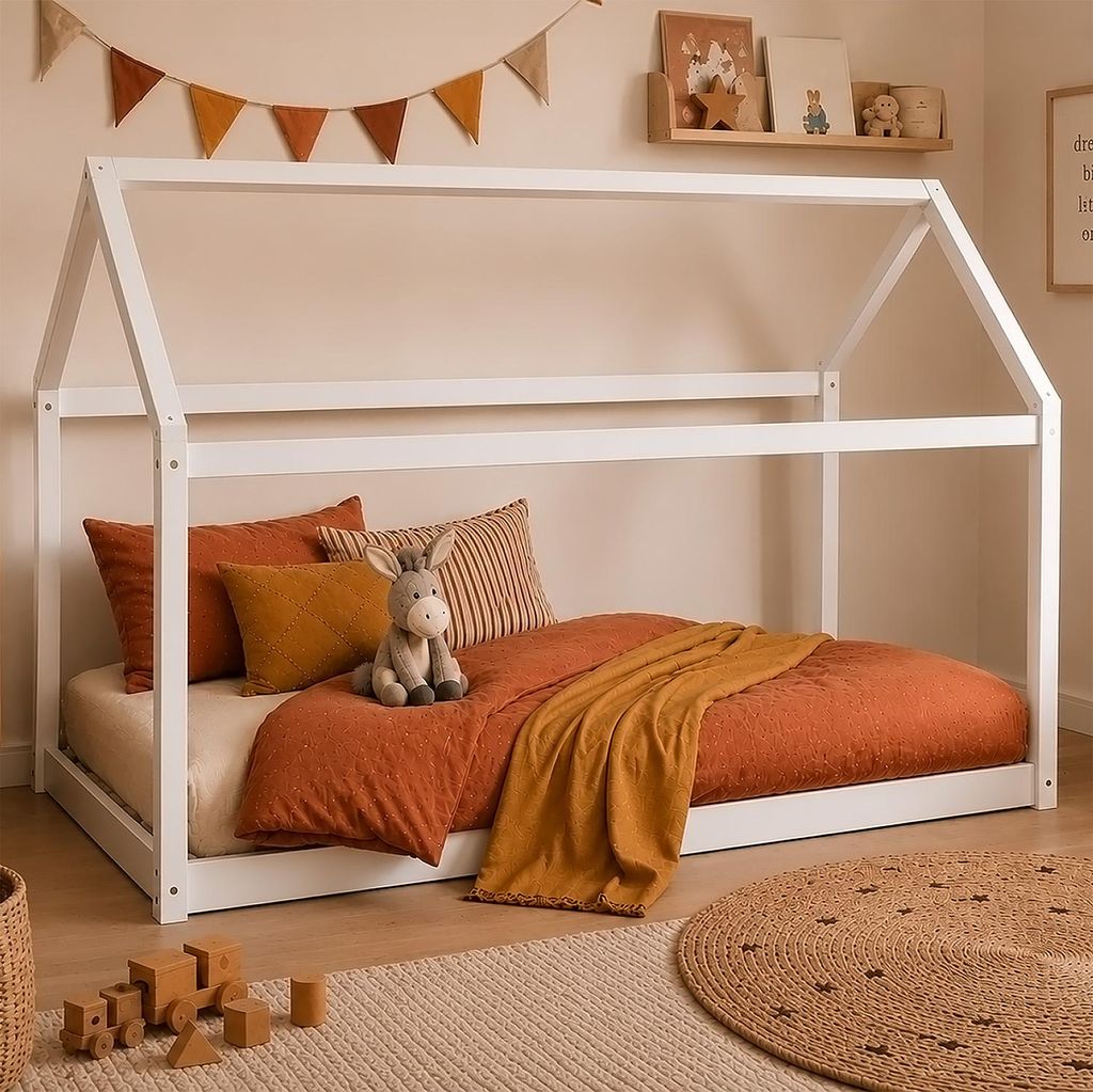 Homestyle4u Kinderbett 90x200 Hausbett Weiß mit Lattenrost Produktbild 