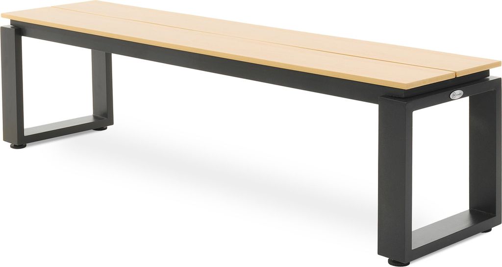 A product shot of a beige and black garden bench on a white background.