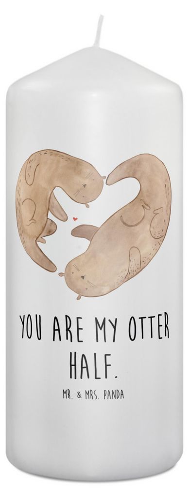 Mr. & Mrs. Panda Kerze Otter Herz 19 x 8 cm - Weiß - Geschenk, Bedruckte, Erinnerungslicht, Stumpenkerze, Liebe, Wachskerze, Blockkerze, Hochzeitstag