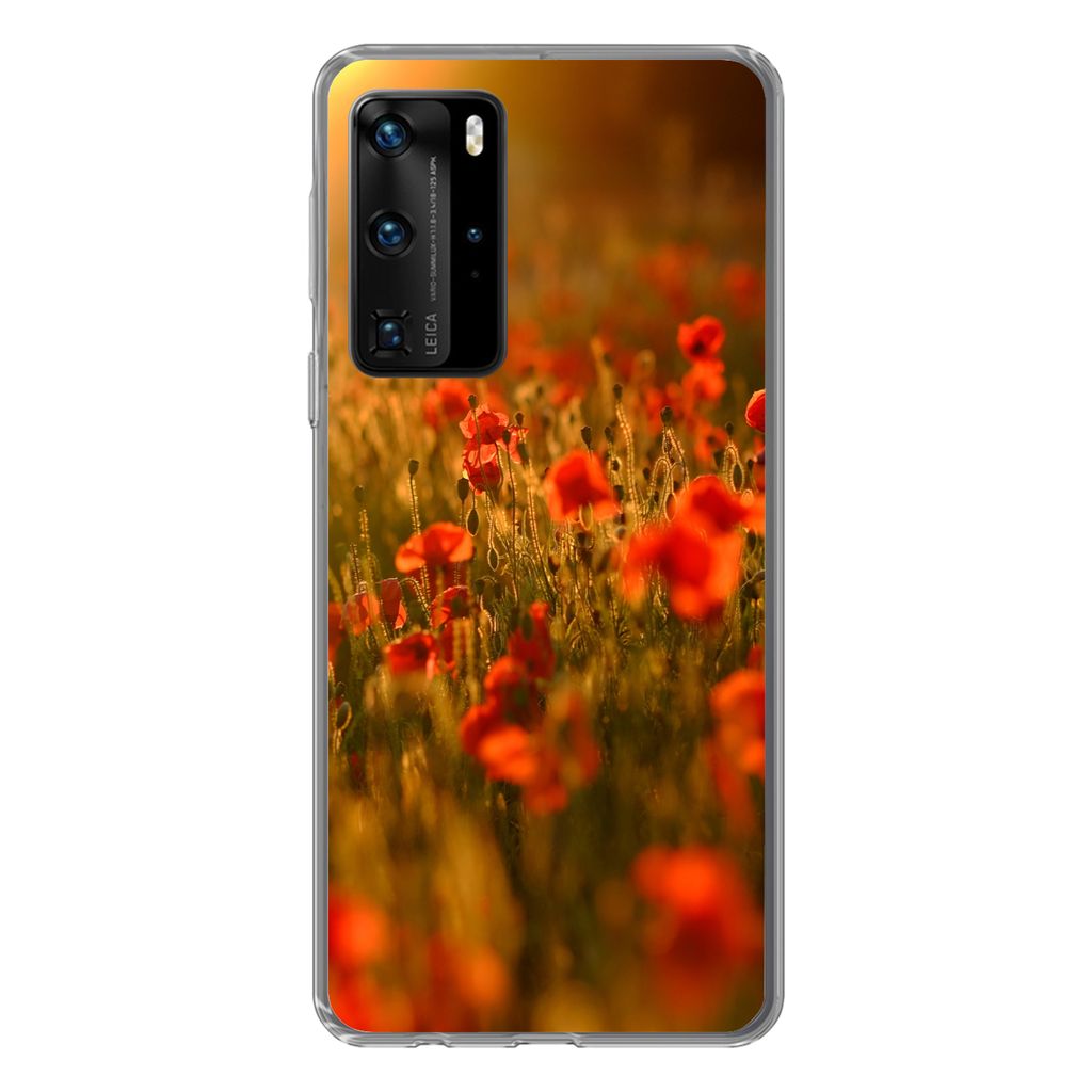 MuchoWow Handyhülle Schutzhülle Hülle für Huawei P40 Pro Orangefarbenes Leuchten über den Mohnblumen auf dem Feld Silikon Softcase Handy Hü...