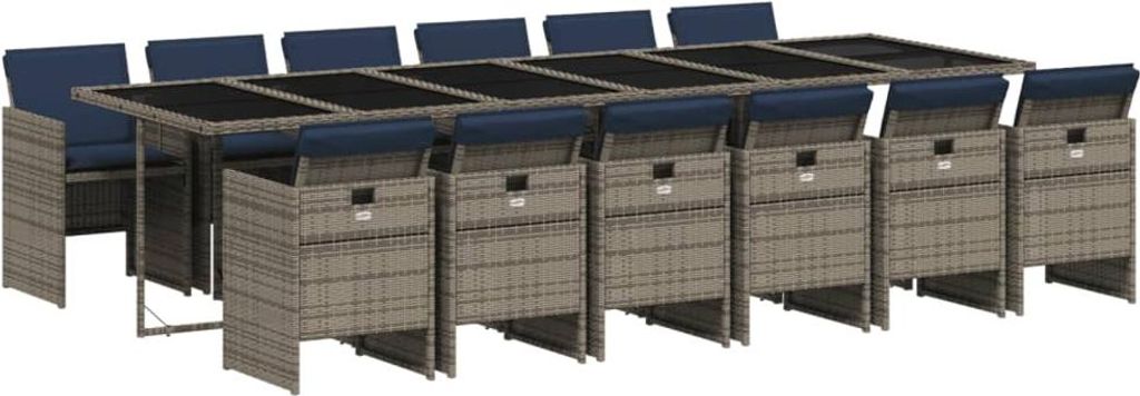 13-teiliges Garten-Ess-Set mit Kissen, grau, Polyrattan
