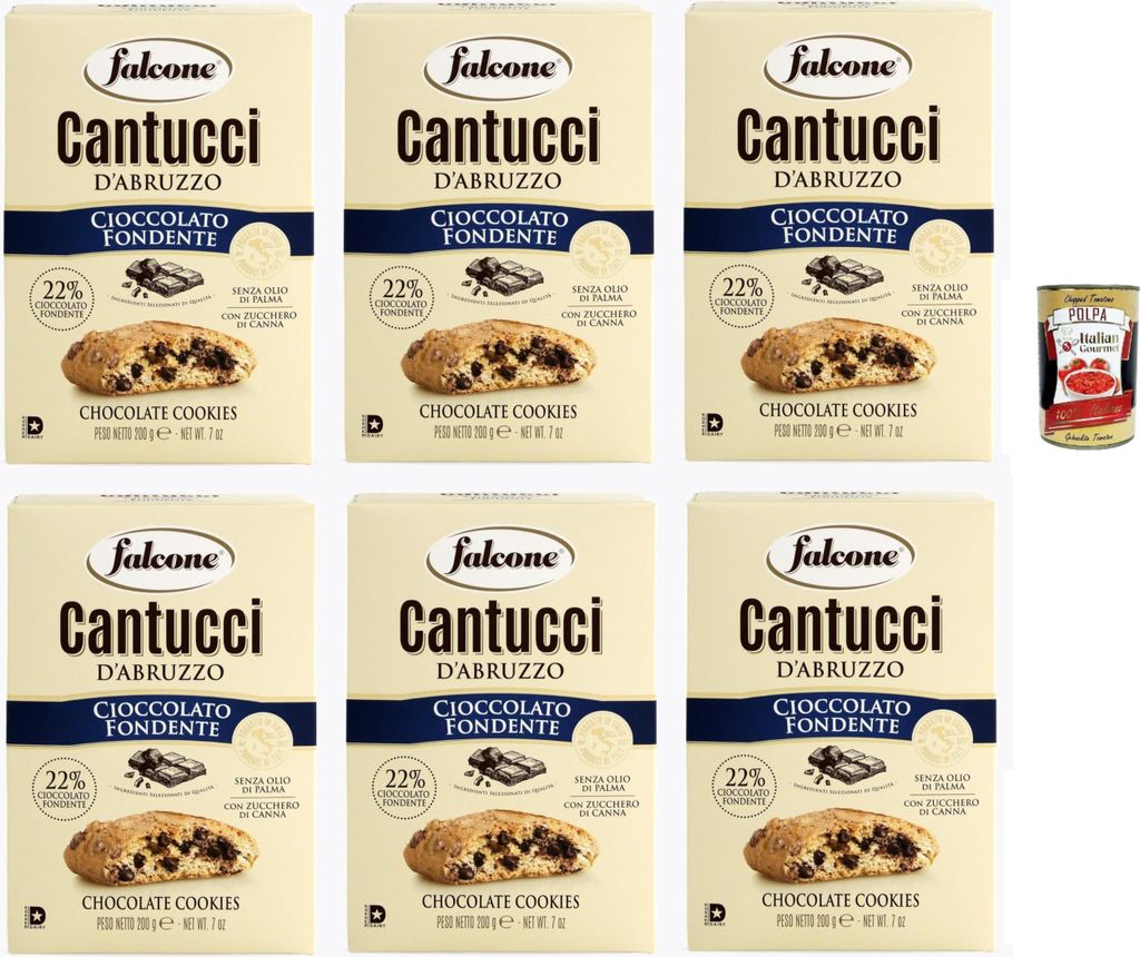 Falcone Cantucci al Cioccolato, Mandelgebäck mit Schokoladenstückchen, Kekse mit Schokolade aus Italien, insgesamt Gebäckstücke, 6x 200g + Ital...