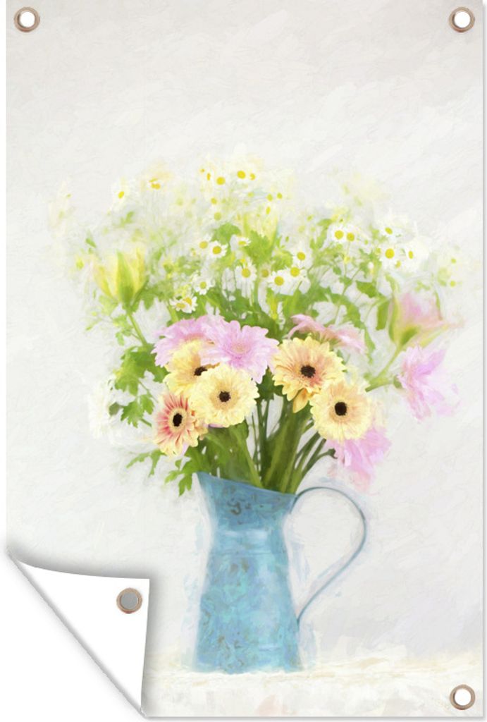 MuchoWow 40x60 cm Outdoor-Poster Gartendeko Sichtschutz Garten Poster für den Garten Gemaltes Blumenbouquet in einem Krug