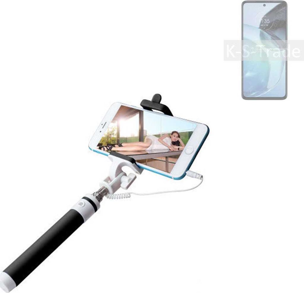 K-S-Trade Selfie Stick kompatibel mit Motorola Moto G72 Selfiestick kabelgebunden Monopod mit Kabel Stab Stange Selfportrait Handheldstick schwarz 1x