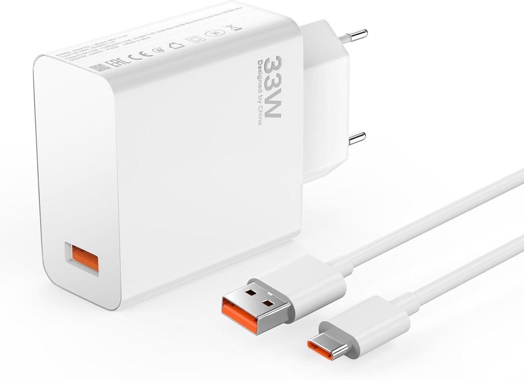 A white 33W fast charger and a white USB-C cable with orange accents are shown on a white background.