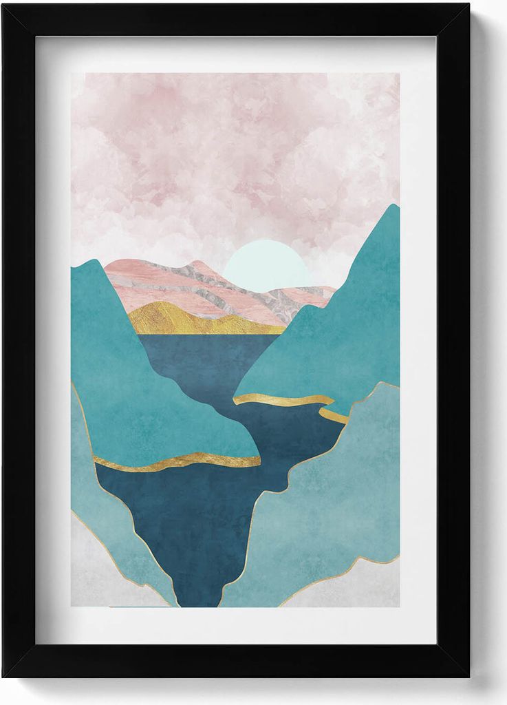 Trendige Illustration von Bergen und Flüssen– Wandbild mit Rahmen – Gerahmtes Bild – Wanddekoration – 20x30 cm – Schwarz