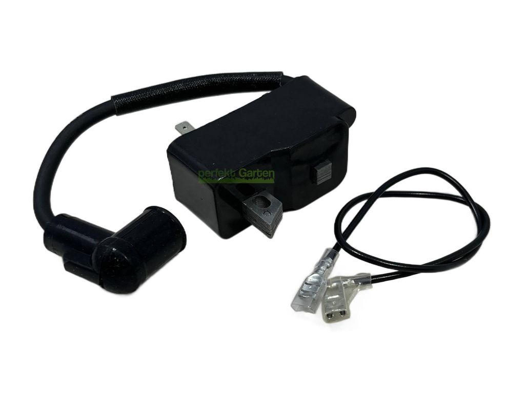 A black ignition coil with attached wires and a spark plug cap, isolated on a white background.