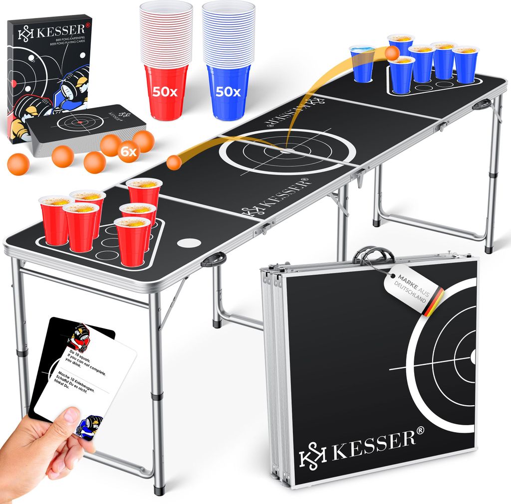 KESSER Bier Pong Tisch Set mit Kartenspiel Trinkspiel inkl. 100 Becher, 6 Bälle