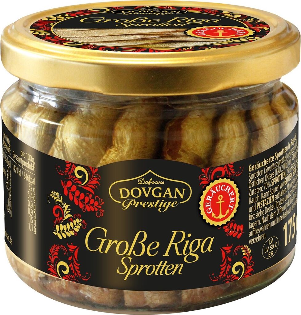 DOVGAN Prestige Große Riga Sprotten geräuchert 175g Produktbild 