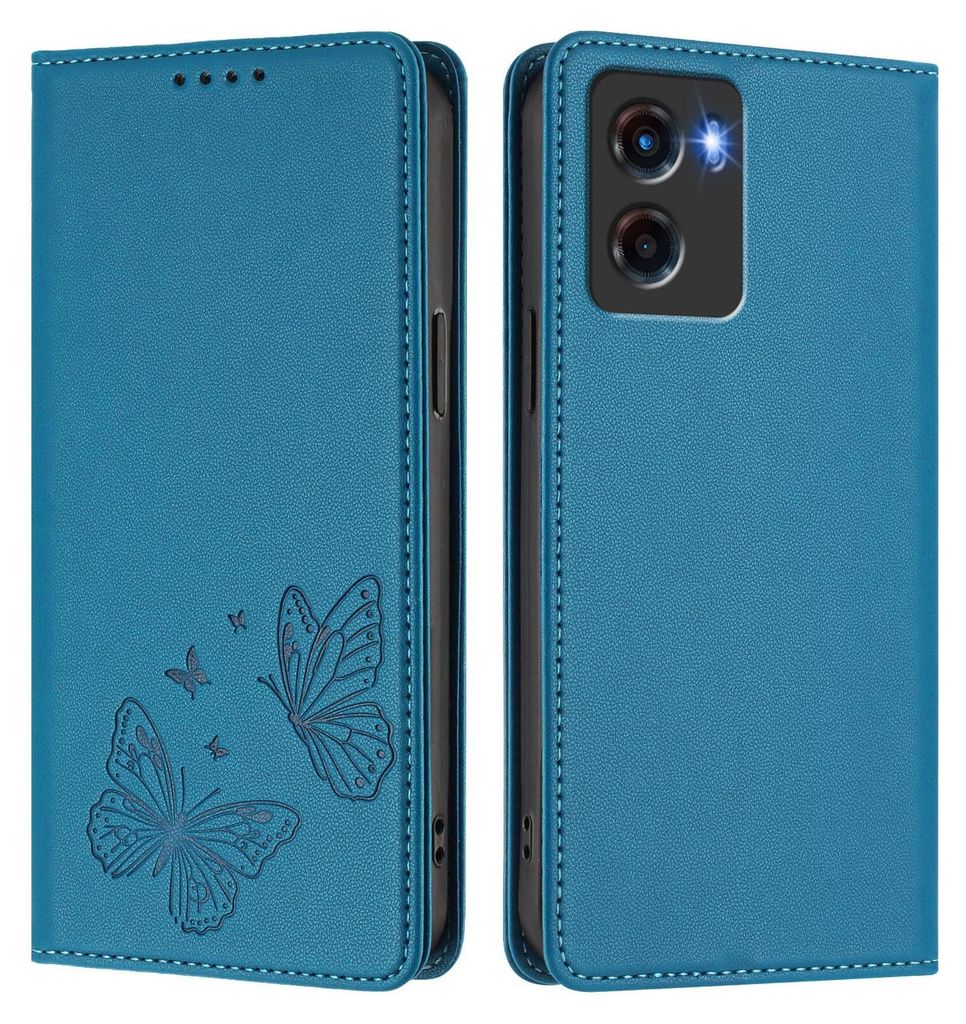 Lederhülle für Motorola Moto G05, Schmetterling Prägung Leder Brieftasche Schutzhülle mit Ständer Blau