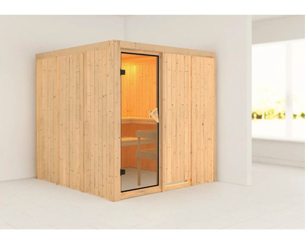 Elementsauna Karibu Rodina ohne Ofen und Dachkranz mit bronzierter Ganzglastüre