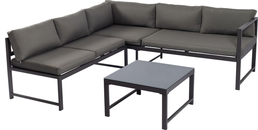 TPFGarden LOUNGESET Tamworth - Sitzgruppe mit Ecksofa und Loungetisch, Aluminium grau, Tisch mit Glasplatte grau. Mit Polstern grau, Bezüge 100% P...