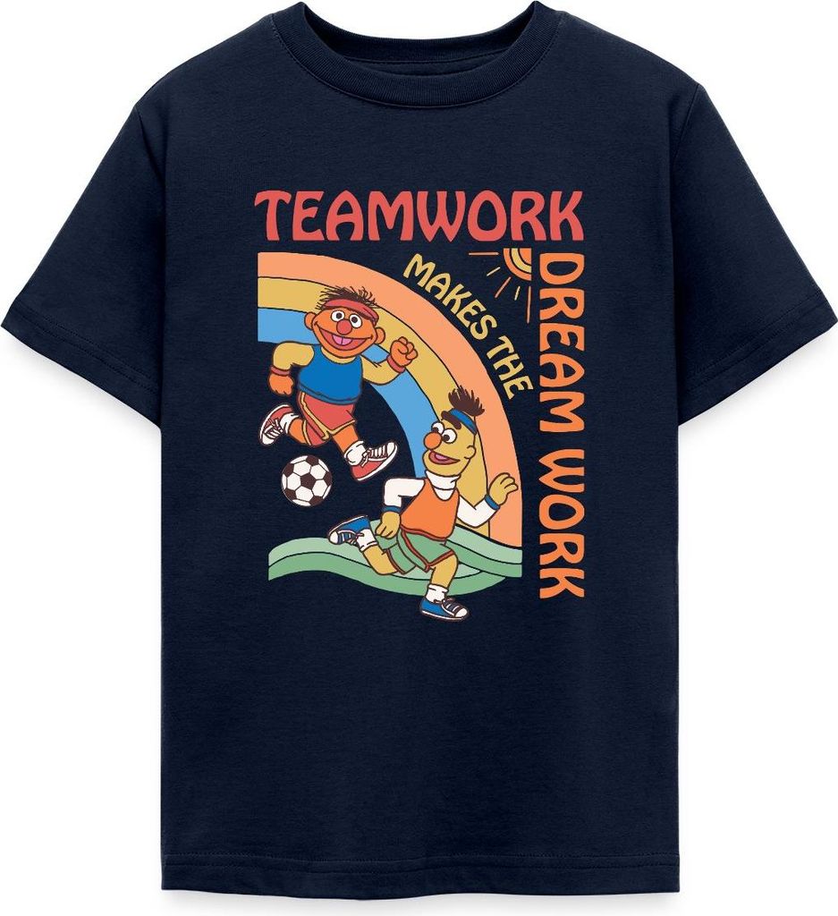 Spreadshirt Sesamstraße Teamwork Makes The Dream Work Mit Ernie Und Bert Teenager T-Shirt, 134/146 (9-11 Jahre), Navy