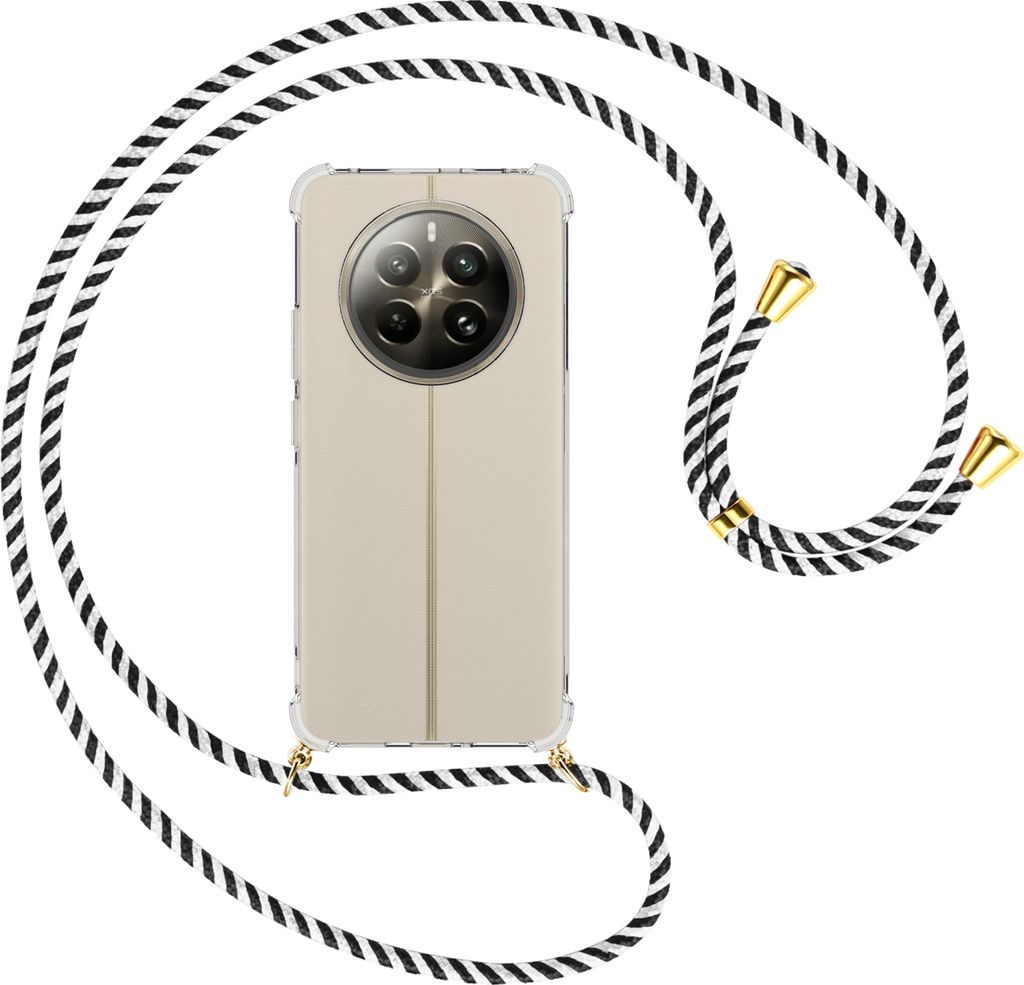 Handykette Backcover-Schutzhülle mit Band (Metall goldfarben) für Realme 12 Plus 5G / Narzo 70 Pro 5G - schwarz/weiß gestreift