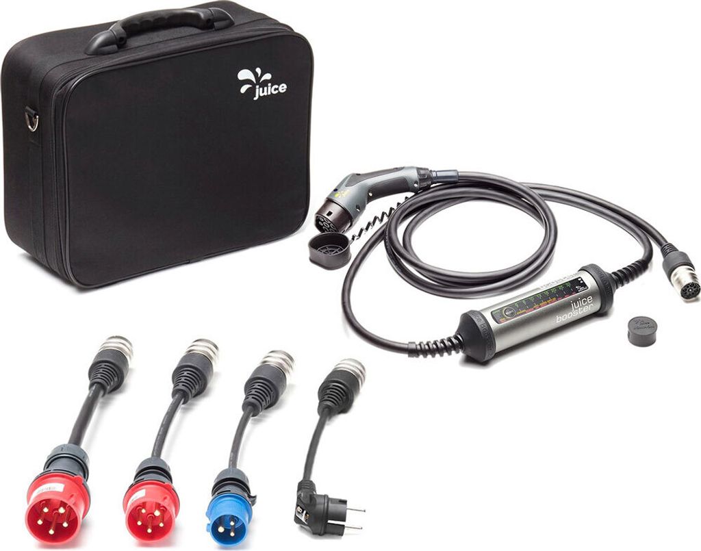 An electric vehicle charging kit, including a charging cable, various adapters, and a carrying case.