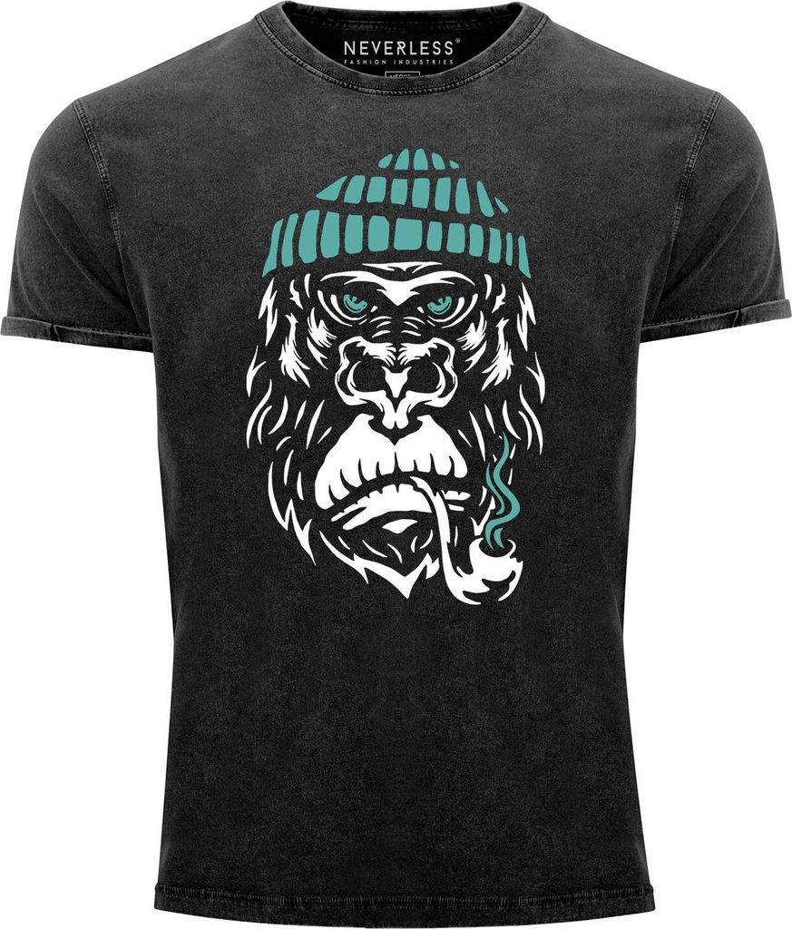 Herren Vintage Shirt Gorilla Affe Monkey Captain Sailor Seemann Printshirt T-Shirt Aufdruck Used Look Neverless schwarz 3XL