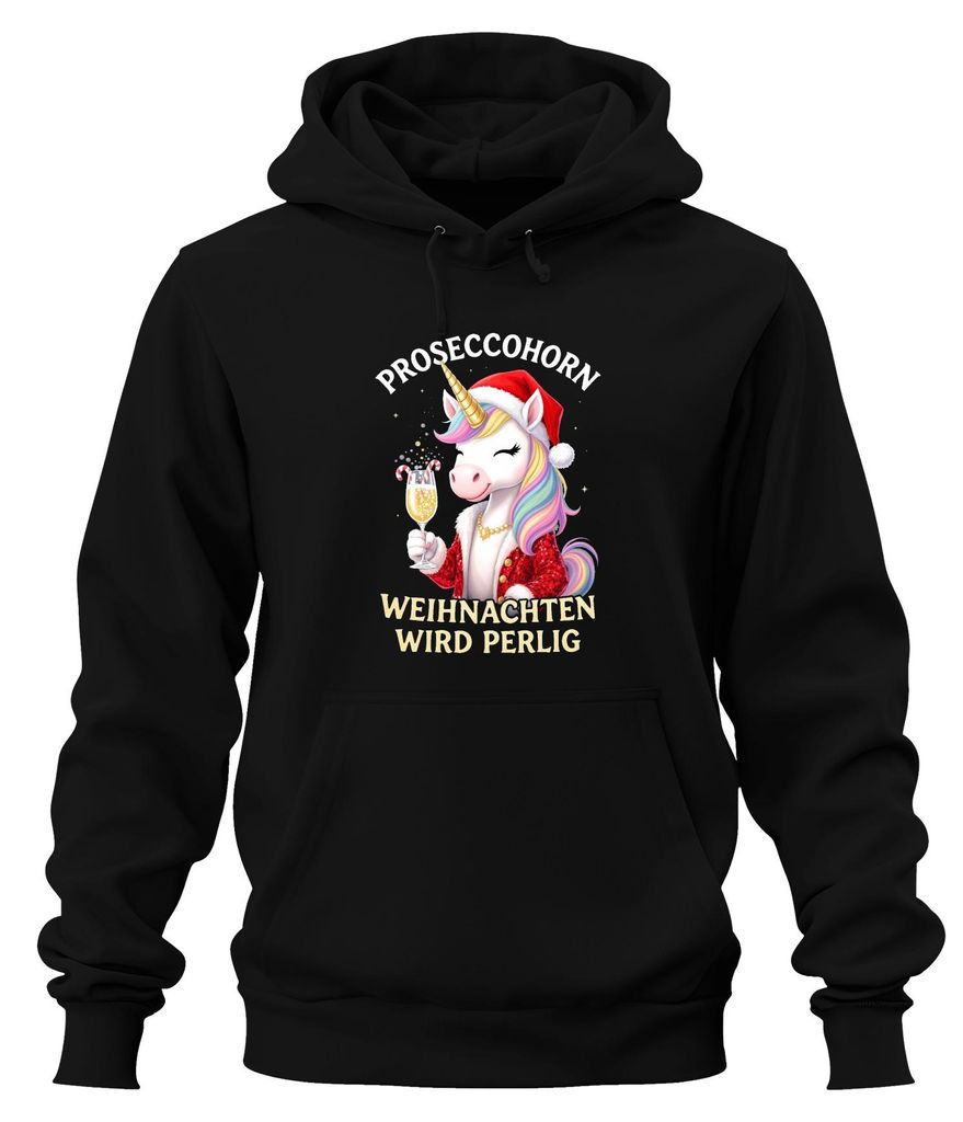Proseccohorn Einhorn Weihnachten wird perlig Prosecco Geschenk Uni Hoodie Kapuzenpullover, Schwarz, XXL