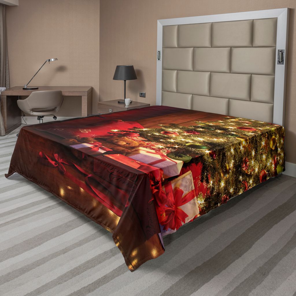 ABAKUHAUS Weihnachten Bettlaken, Weihnachtsszenen-Feiern mit Baum und Geschenken durch den Kamin Artful Design Image, weiches bequemes oberes Bettl...