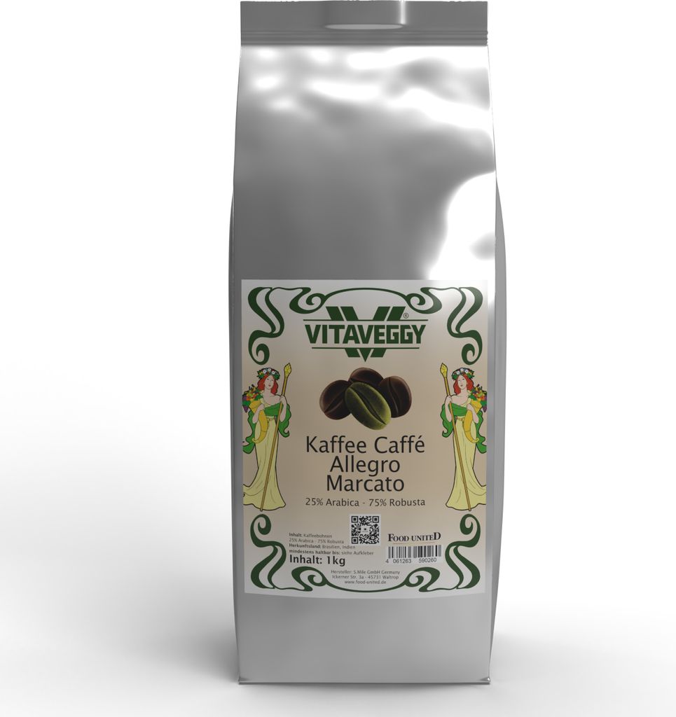 VITAVEGGY ALLEGRO MARCATO ganze Robusta & Arabica Kaffeebohnen 2x1KG 75% - 25% Espresso-Mischung Blend, Rohkaffee Südasien & Südamerika, Röstung...