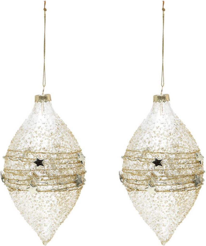 Tropfenförmige Christbaumkugeln glitzernd 2 Stück weiß-goldfarben 8 x 15 cm -