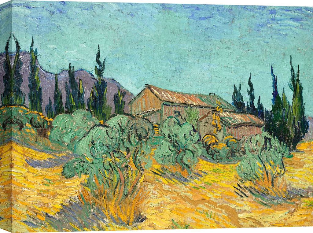 Kunstdruck auf Leinwand Vincent Van Gogh, Holzhütten zwischen Olivenbäumen und Zypressen - 80x60 cm