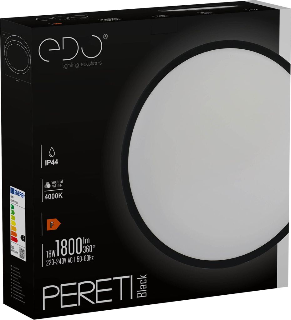 The image shows the packaging of a black LED ceiling light.