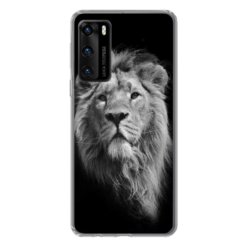 MuchoWow Handyhülle Schutzhülle Hülle für Huawei P40 Asiatischer Löwe vor schwarzem Hintergrund in Schwarz und Weiß Silikon Softcase Handy ...