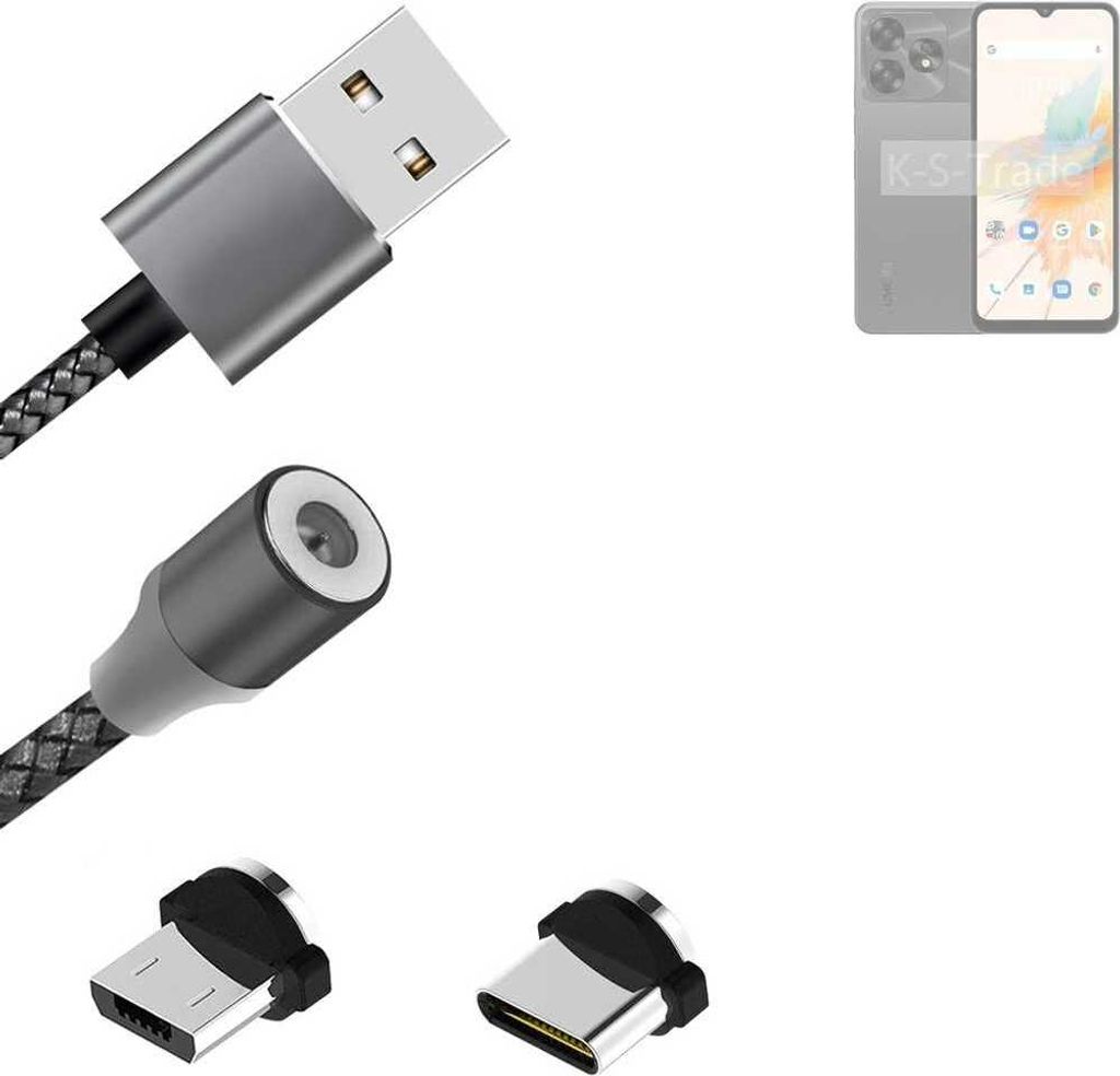 K-S-Trade Hochwertiges Magnet-Lade-kabel Sync-Kabel Daten-Kabel kompatibel mit UMIDIGI A15C mit USB-Typ-C-Anschluss und Micro-USB-Anschluss 2A bis zu