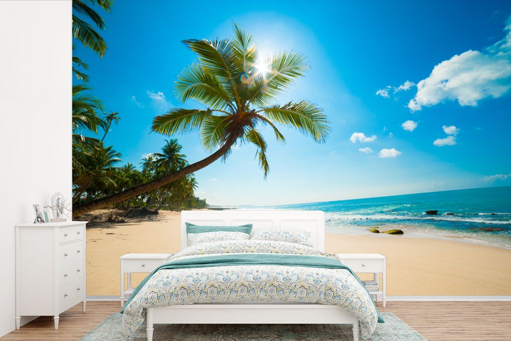 MuchoWow Fototapete für Wohnzimmer oder Schlafzimmer Wandtapete Vinyl Motivtapete Strand - Meer - Sonne - Palme - 600x400 cm - Vinyltapeten