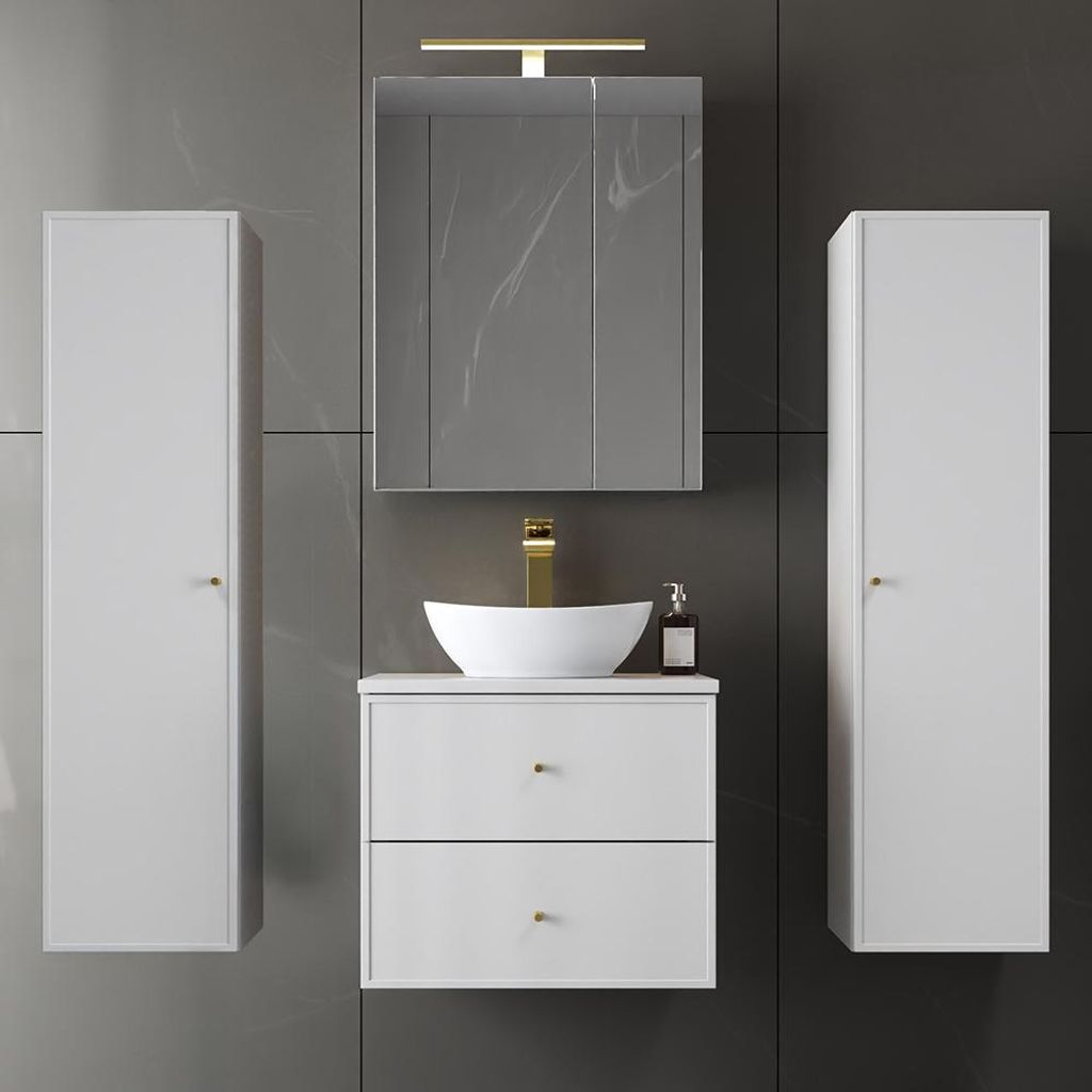 Badmöbel-Set 4-teilig mit 60 cm Waschtisch, 2 Hochschränke & Spiegelschrank in weiß - MURANO-140
