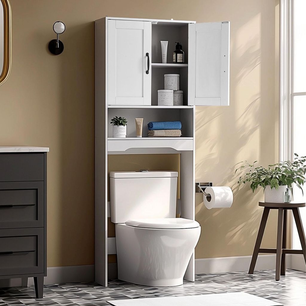 A white bathroom cabinet is shown over a toilet.