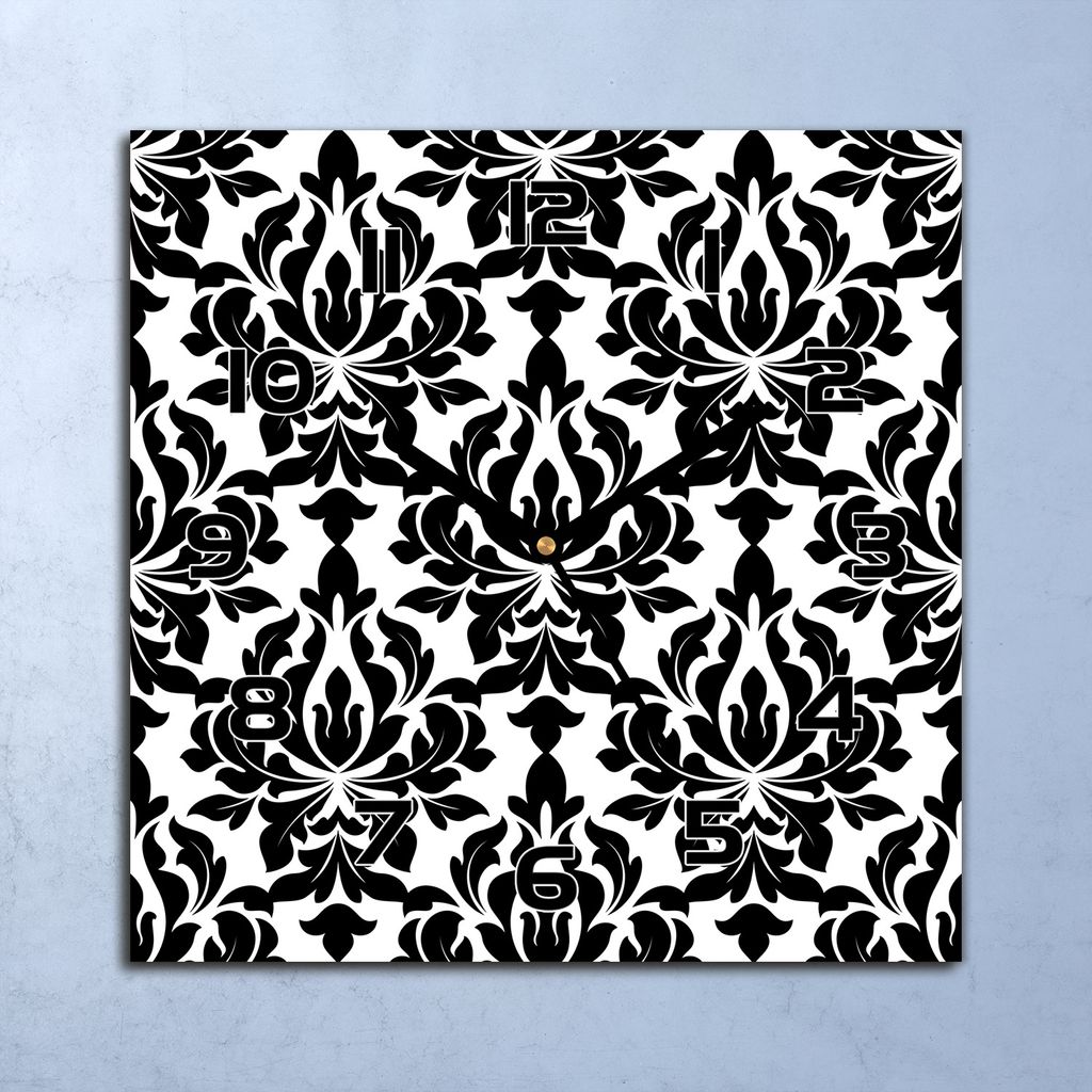 Wanduhr Echt-Glas-Küchenuhr blumige schwarz weiß Quarz 30x30 Deko Bilder