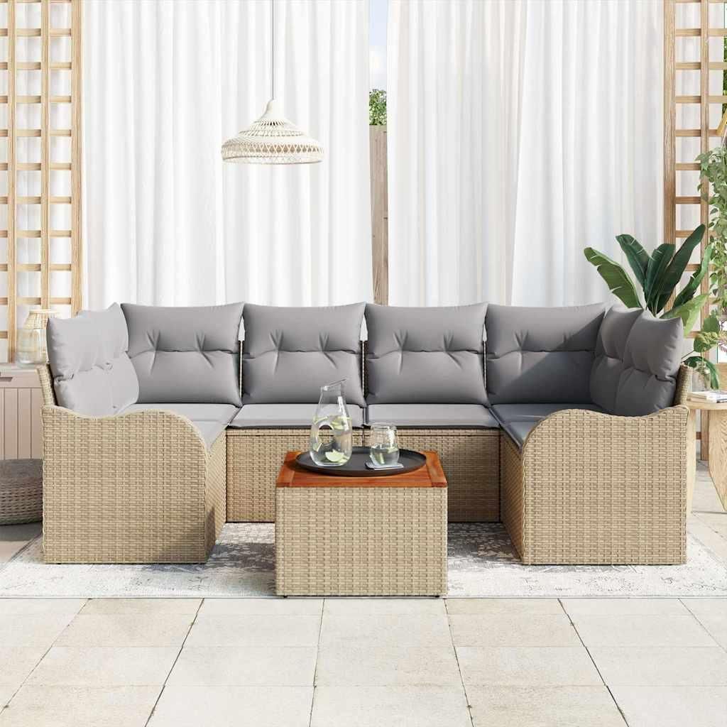 "Rabatt" Gartensofa-set - Balkonmöbel/Terrassenmöbel - mit Kissen - 7 pcs - Beige Poly-Rattan - Lounge-Dining set CC12606