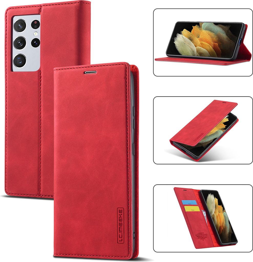 Galaxy S21 Ultra 5G Hülle, Standfunktion Kartenfach Wallet Leder Schutzhülle für Samsung Galaxy S21 Ultra 5G Rot