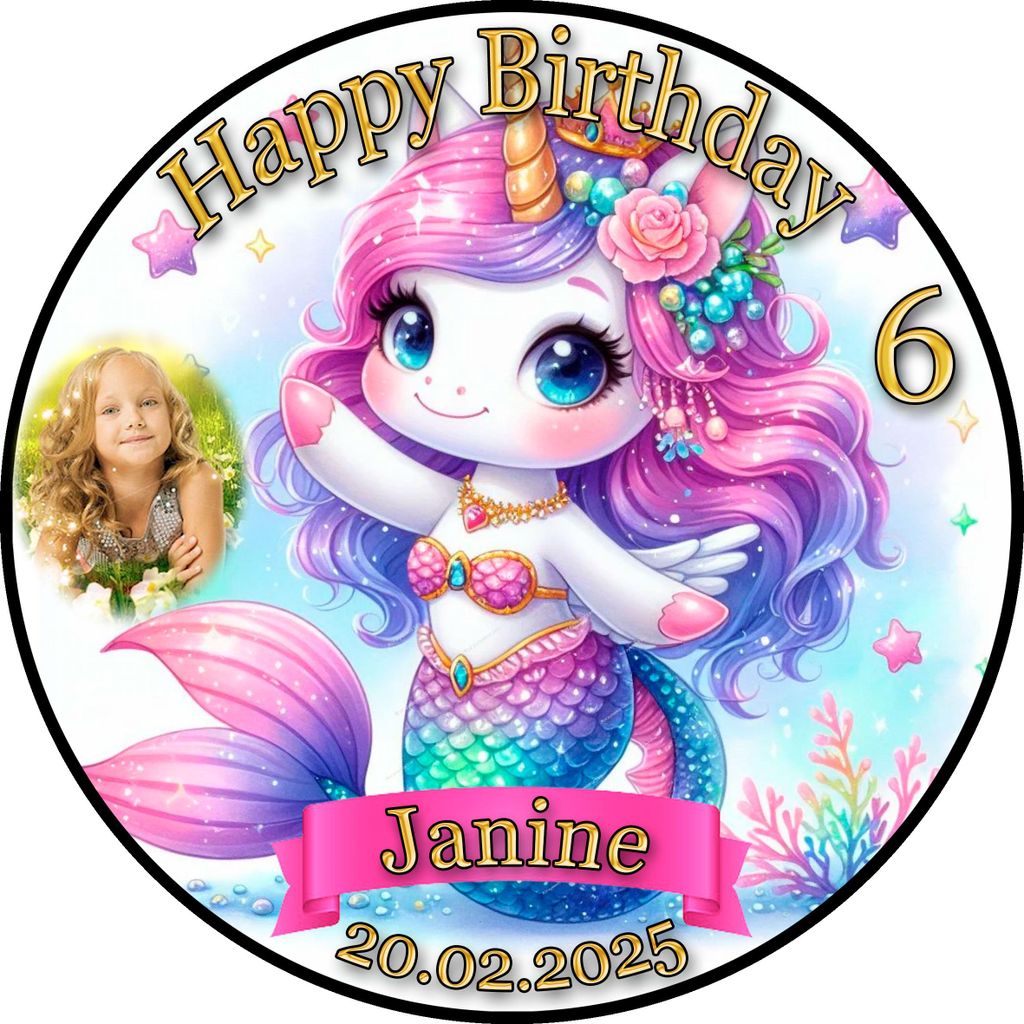 Tortenaufleger Tortendeko Fototorte Tortenbild Einhorn Meerjungfrau Regenbogen FT21 (Zuckerpapier) Rund 14 cm Ø mit Foto