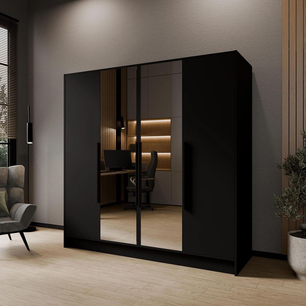 Drehtürenschrank LARO 200 cm Moderner Kleiderschrank mit Spiegel und glatten Türen, Schwarz mit schwarze Griffe