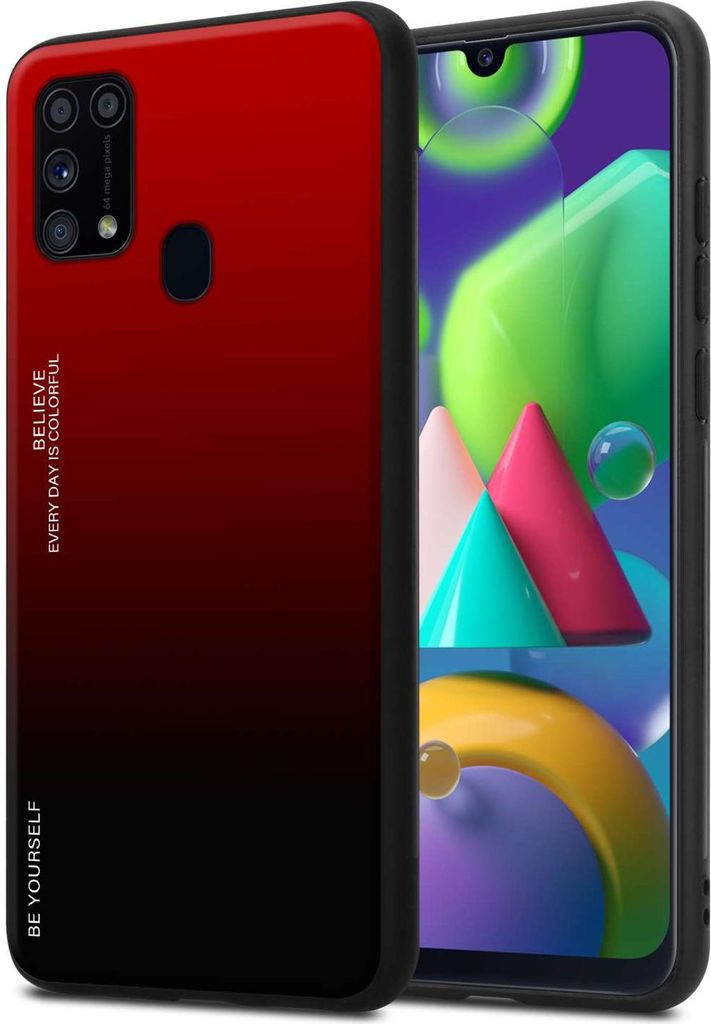 Cadorabo Hülle für Samsung Galaxy M31 in ROT - SCHWARZ Zweifarbige Schutzhülle aus Tempered Glas und TPU Silikon Back Case Cover Etui Handy Hülle