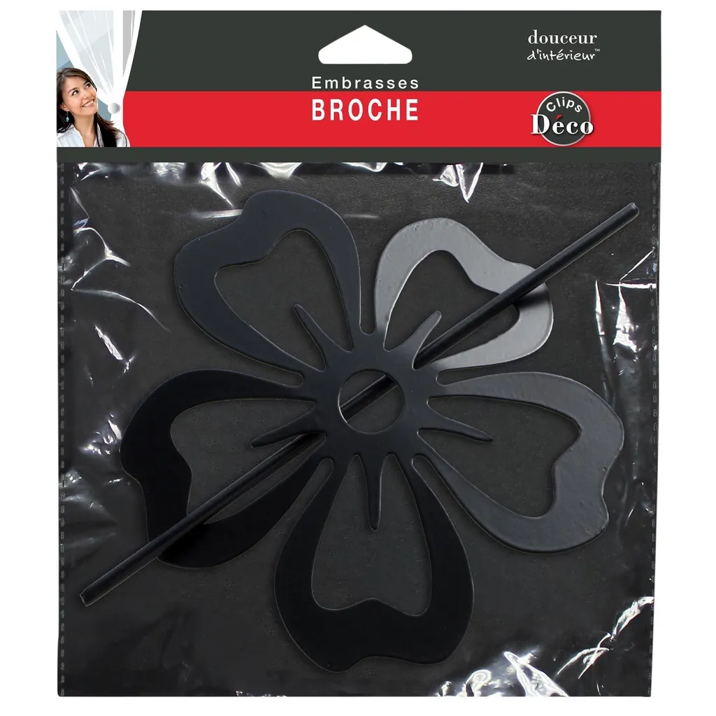 Clip rideau fleur noire satinée, accessoire déco avec pince robuste