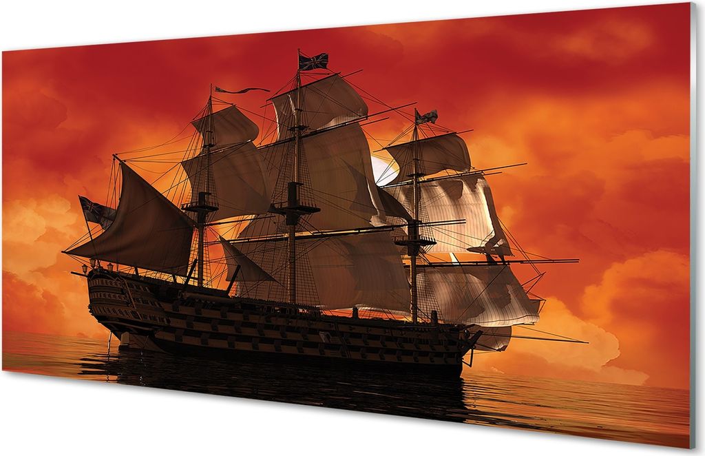 Glasbilder 120x60 Wandkunst Das Schiff Meer orange Himmel