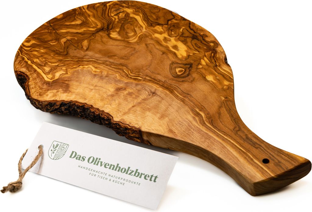 A wooden cutting board with a handle and a tag attached to it, placed on a white background.