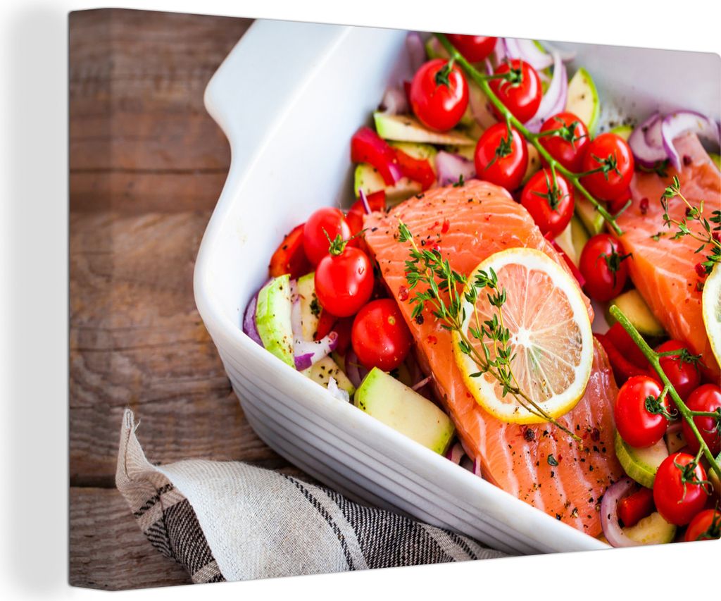 OneMillionCanvasses - Leinwandbilder - 140x90 cm, Roher Lachs, serviert mit einer Scheibe Zitrone und Kirschtomaten, Wandbilder Kunstdruck Wandde...
