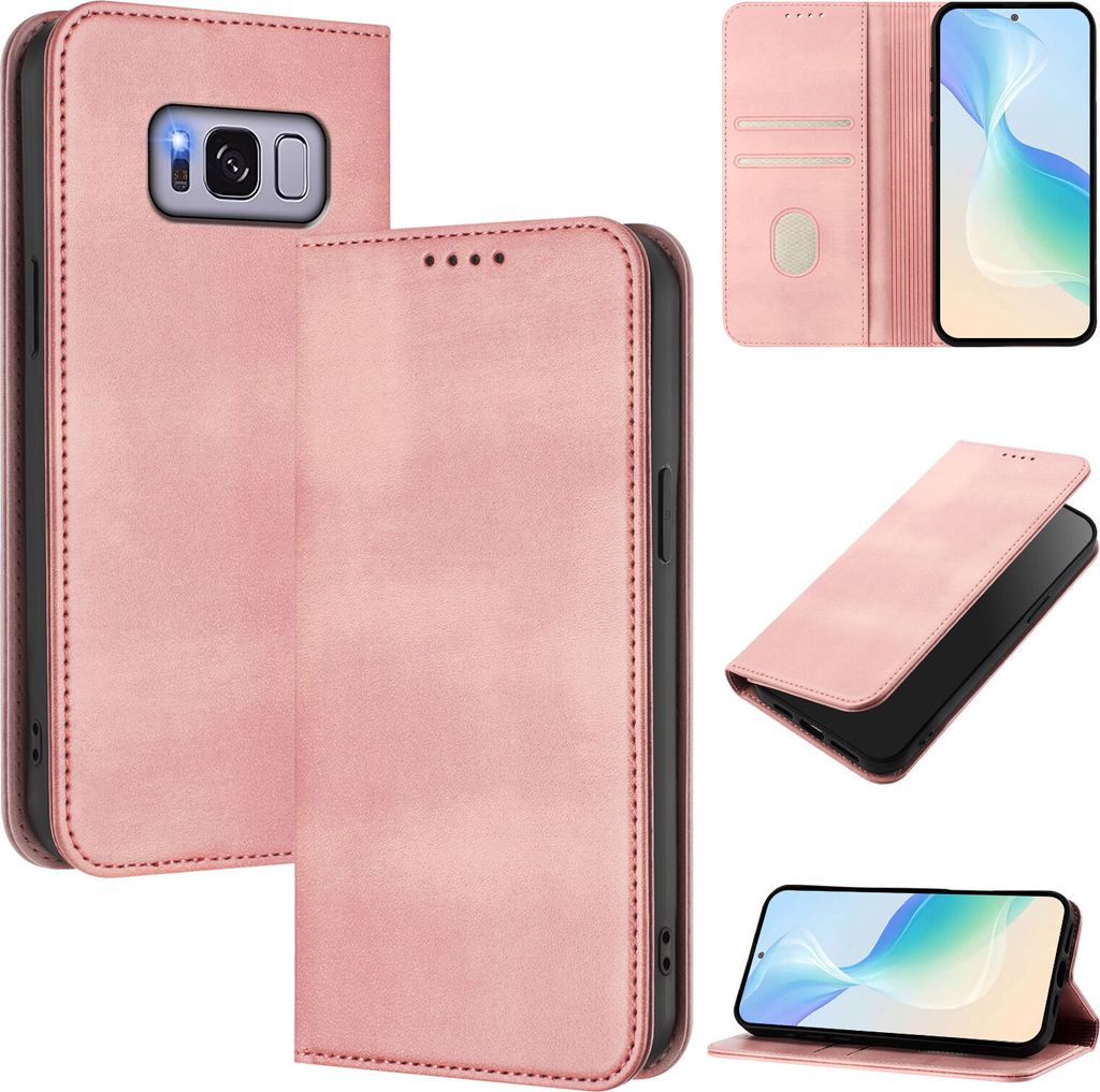 Handyhülle für Samsung Galaxy S8 Plus, Vintage Leder RFID Schutz Kartenfach Standfunktion Magnetische Klapphülle Pink
