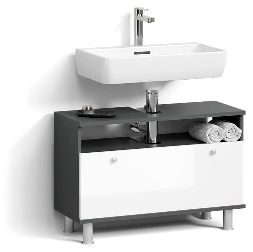 Waschbeckenunterschrank Fucino, Weiß Hochglanz/Anthrazit, 80,2 x 54 cm mit Schublade