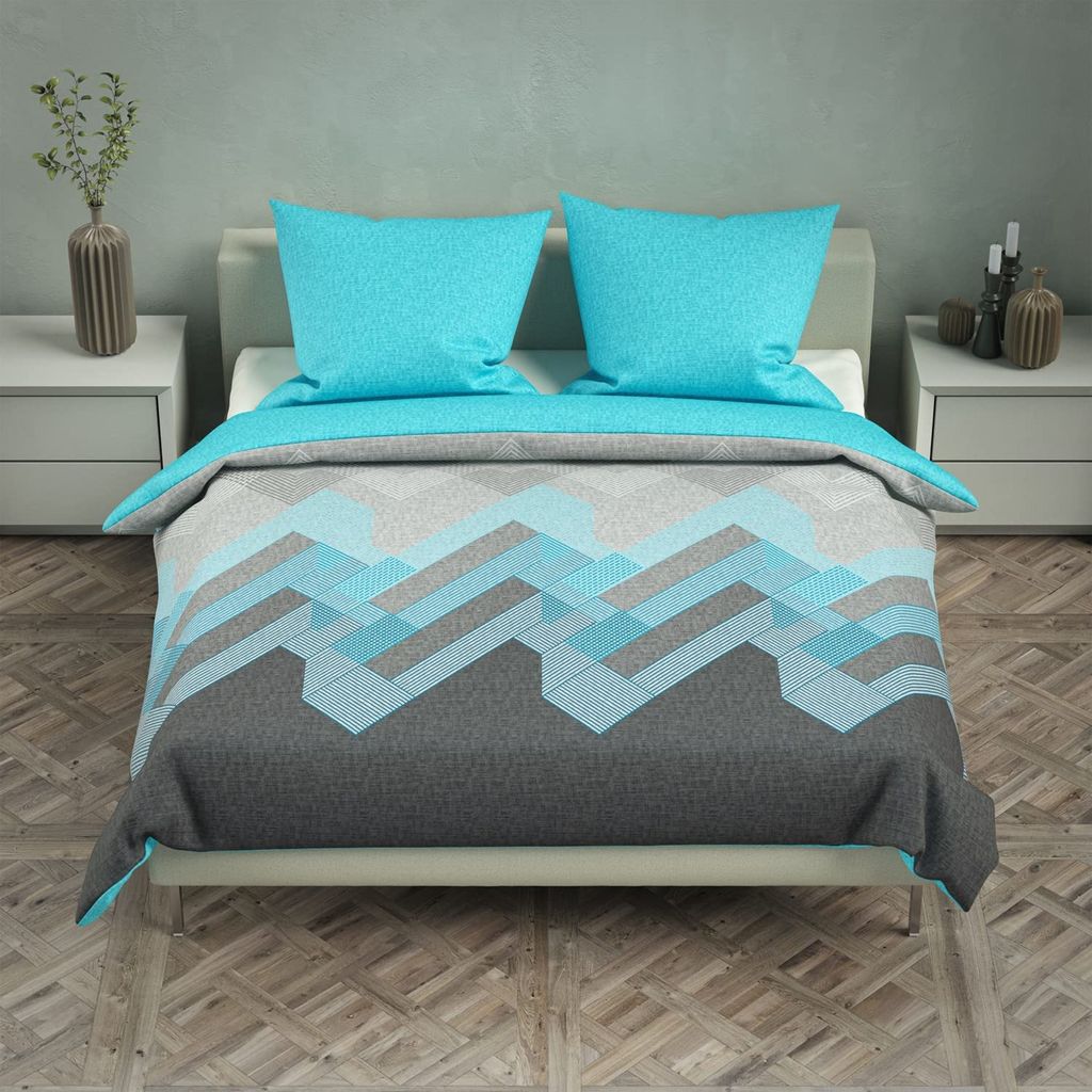 Bettwäsche Geometrisch Grafisch meliert türkis grau modern Baumwolle Renforce, Größe:3 teilig 200x220 cm - Doppelbett