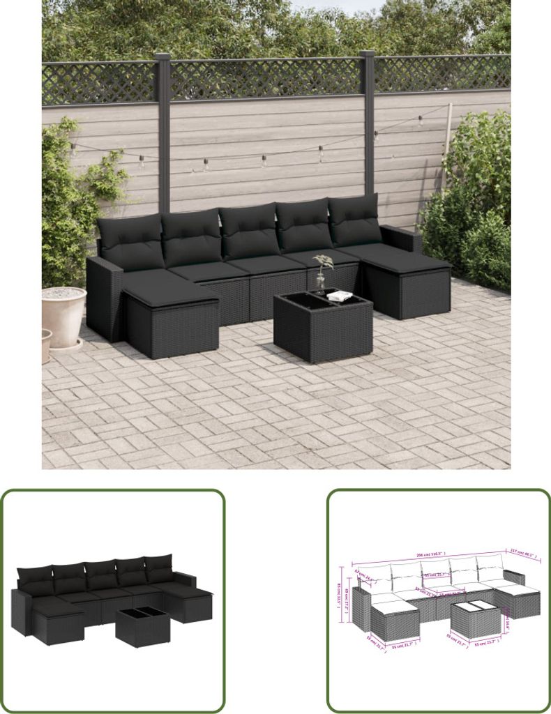 The Living Store 8-tlg. Garten-Sofagarnitur mit Kissen Schwarz Poly Rattan