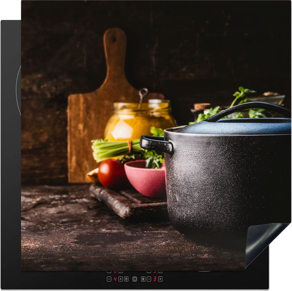 KitchenYeah Herdabdeckplatte Rustikal - Stilleben - Pfanne - Gemüse , 78x78cm, Küche Deko, Glaskeramikfeld Herdabdeckung, Abdeckplatte fùr Koc...