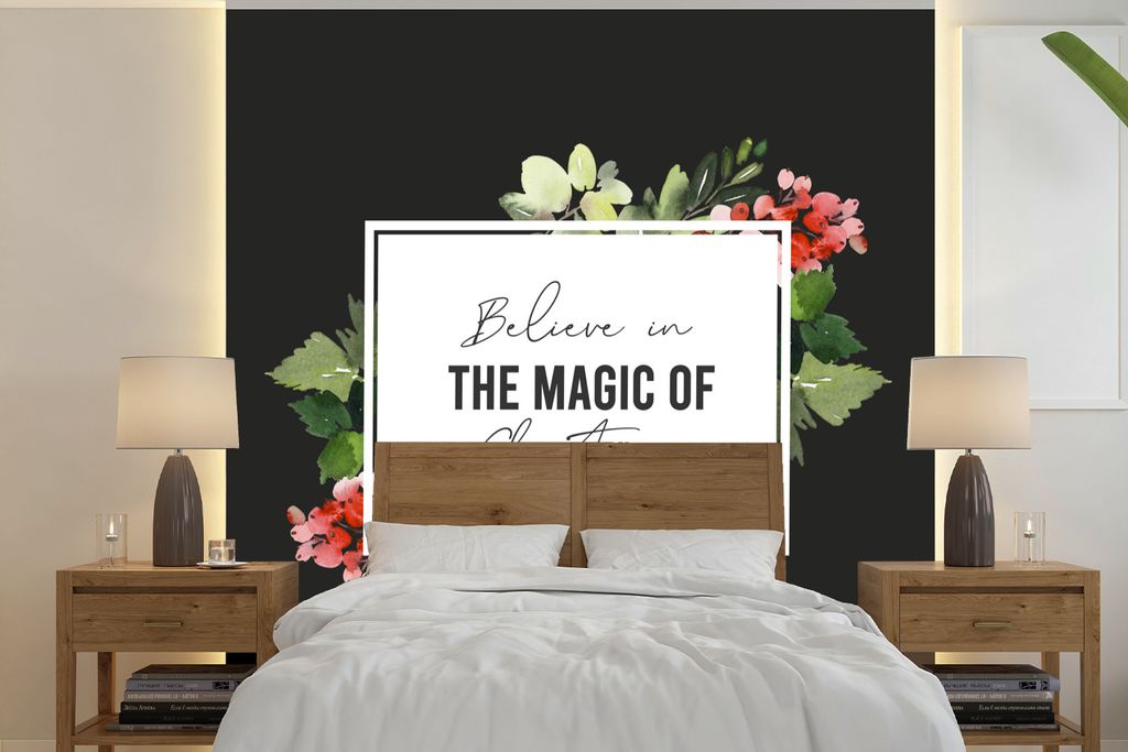 MuchoWow Fototapete für Wohnzimmer oder Schlafzimmer Wandtapete Vinyl Motivtapete Weihnachten - Zitat - Magie - 300x300 cm - Wanddekoration