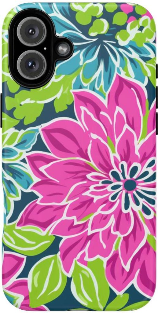 Strahlendes Blumenmuster mit pinken und blauen Blüten – Hülle Kompatibel mit iPhone 16 Plus